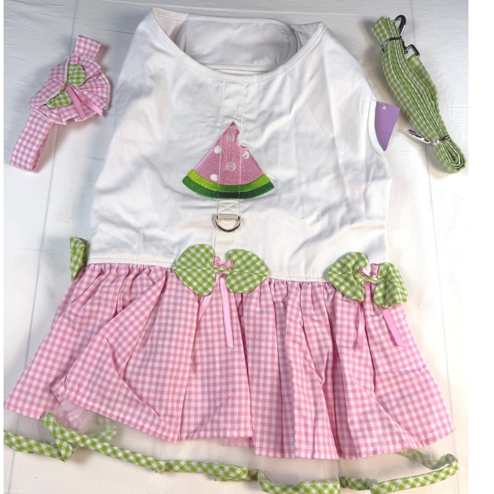Watermelon Dog Dress Harness Set "XL" Pink Gingham Sleeveless Pet Outfit NWT